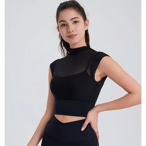 Women's Mesh <b>Mock</b> <b>Neck</b> 2 in 1 Yoga <b>Top</b> Built-in Bra Crop <b>Top</b> High Stretch Workout Activewear Breathable Pilates Shirt OEM ODM - Product Image 2