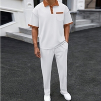 Ensemble de survêtement 2 pièces pour homme : Polo à col contrastant, chemise à manches courtes gaufrées avec poches et pantalon droit à cordon de serrage