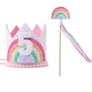 Chapeau d'anniversaire pour enfants 1-6 ans, ensemble baguette magique arc-en-ciel 2 pièces, couronne et serre-tête, fournitures de fête pour filles, Ramadan, remise de diplôme - Product Image 3