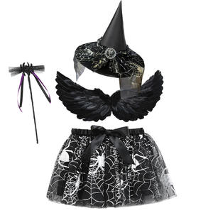 Conjunto <span class=keywords><strong>de</strong></span> disfraces <span class=keywords><strong>de</strong></span> Halloween <span class=keywords><strong>de</strong></span> 4 piezas para niñas, negro con estrella, tela <span class=keywords><strong>de</strong></span> araña, falda tutú <span class=keywords><strong>de</strong></span> malla impresa, sombrero <span class=keywords><strong>de</strong></span> <span class=keywords><strong>bruja</strong></span>, escoba, alas <span class=keywords><strong>de</strong></span> plumas - Product Image 2