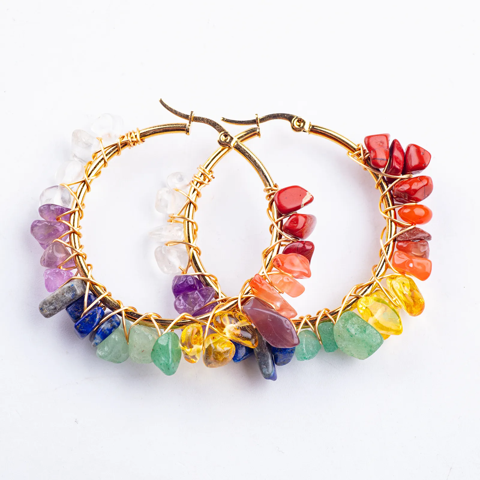 Pendientes de cristal curativo con piedras caídas naturales bohemias, pendientes de envoltura de alambre de Color dorado, joyería de aro de 7 Chakras para mujer