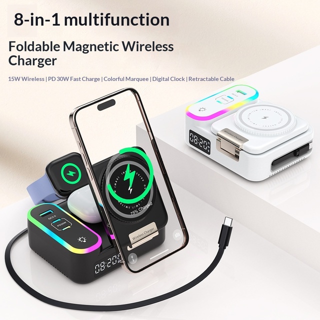 New Private Model Wireless Charger Built-in Retractable Cable Multi-port (1 + 2 Type-C) Foldable Design 15W Smart Watch Earphone