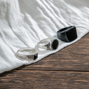 3 Pçs/set <span class=keywords><strong>Goth</strong></span> Black Gemstone <span class=keywords><strong>Ring</strong></span> Set para Homens Unisex Punk Hip Hop Party Forma Geométrica Retro Anel de Prata Masculino Jóias (RG272) - Product Image 4
