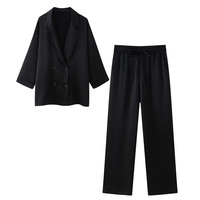 Ensemble 2 Pièces Décontracté Femme : Veste Longue à Manches Froncées et Pantalon Large Fluide Pour l'Été