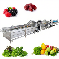Volledig automatische sorteer-, snij-, was-, droog- en verwerkingslijn voor groenten en fruit, inclusief machines voor het wassen en verwerken van groenten en fruit.
