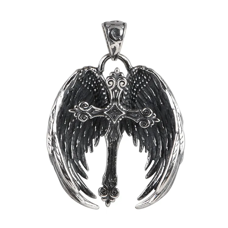 Authentic S925 Sterling Silver Jewelry Pendant Hip Hop Chaoren Cross Retro Wings Feather Necklace Pendant for Men and Women