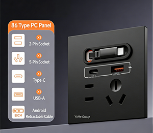 Prise murale PC de type 86 du groupe YuHe avec 1 prise AC, 1 port USB Type-C, câble rétractable intégré, style moderne - Product Image 3
