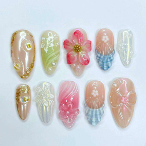 Juego de 10 <span class=keywords><strong>Uñas</strong></span> Postizas Acrílicas Francesas <span class=keywords><strong>Cortas</strong></span> en Forma de Almendra <span class=keywords><strong>con</strong></span> Diseño Degradado de <span class=keywords><strong>Flores</strong></span> 3D y Pegamento para Uso en Dedos - Product Image 4