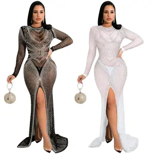 top selling products 2022 Fashion nightclub hot drill women's mesh see-through long-sleeved slit crystal dress women