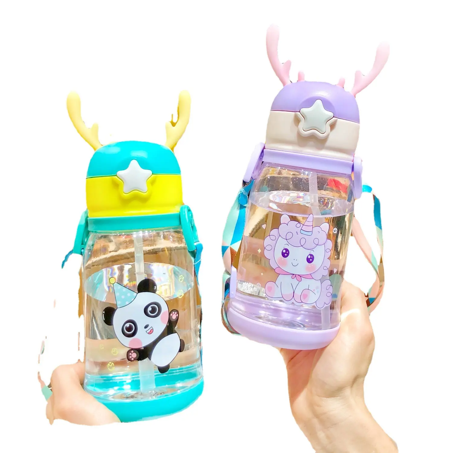 Plastic high appearance level with silicone sleeve cute children's straw cup Plastic anti-fall strap cartoon cup
