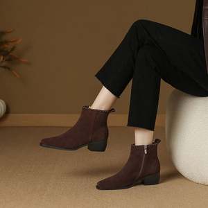 Bottines courtes pour femmes Cialisa en <span class=keywords><strong>daim</strong></span> de vache vintage, hiver 2025, haute qualité, bout carré, fermeture éclair, talons mi-hauts, bottines à la cheville, hauteur accrue - Product Image 3