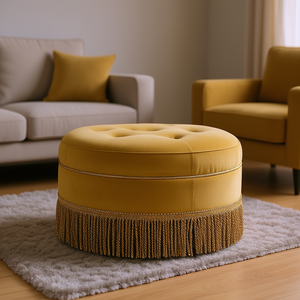 Pouf Rotondo Yolanda 24 in Velluto Dorato con Frange, Sgabello per Soggiorno, Arredamento Casa - Product Image 2