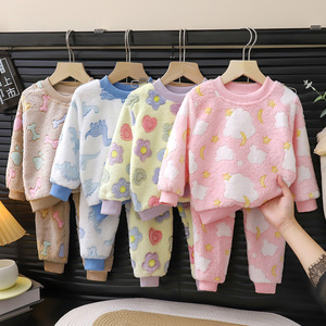 Vente en gros, nouvelle collection automne-hiver, ensemble de pyjamas en <span class=keywords><strong>polaire</strong></span> pour enfants, garçons et filles, 2 pièces, épais et chauds, vêtements de maison pour bébés et enfants - Product Image 2