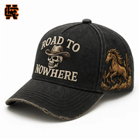 Casquette de baseball western brodée Road to Nowhere pour hommes et femmes, style délavé, motif crâne de cowboy, ajustable, nouveau style, lot de casquettes