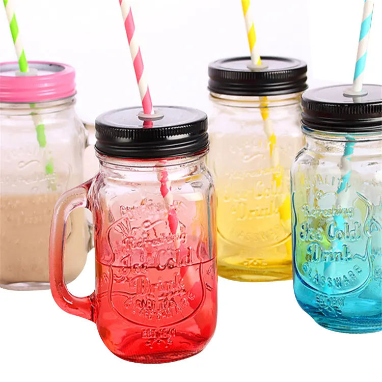 500Ml Ice Cold Uống Màu Glass Mason Jar Với Rơm Nắp Kim Loại