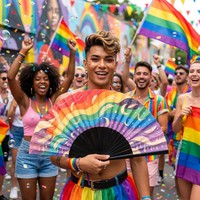 Personalisierter Regenbogen-Holzhandfächer mit individuellem Logo, schwarze Rippen, faltbarer Fächer für Pride-Parade, Sommer-Karneval, Event-Geschenk