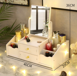 Organisateur de coiffeuse multifonctionnel en bois de style nordique de luxe - Boîte de rangement cosmétique avec miroir rond blanc et accents d'oreilles de chat & <span class=keywords><strong>Bui</strong></span> - Product Image 1