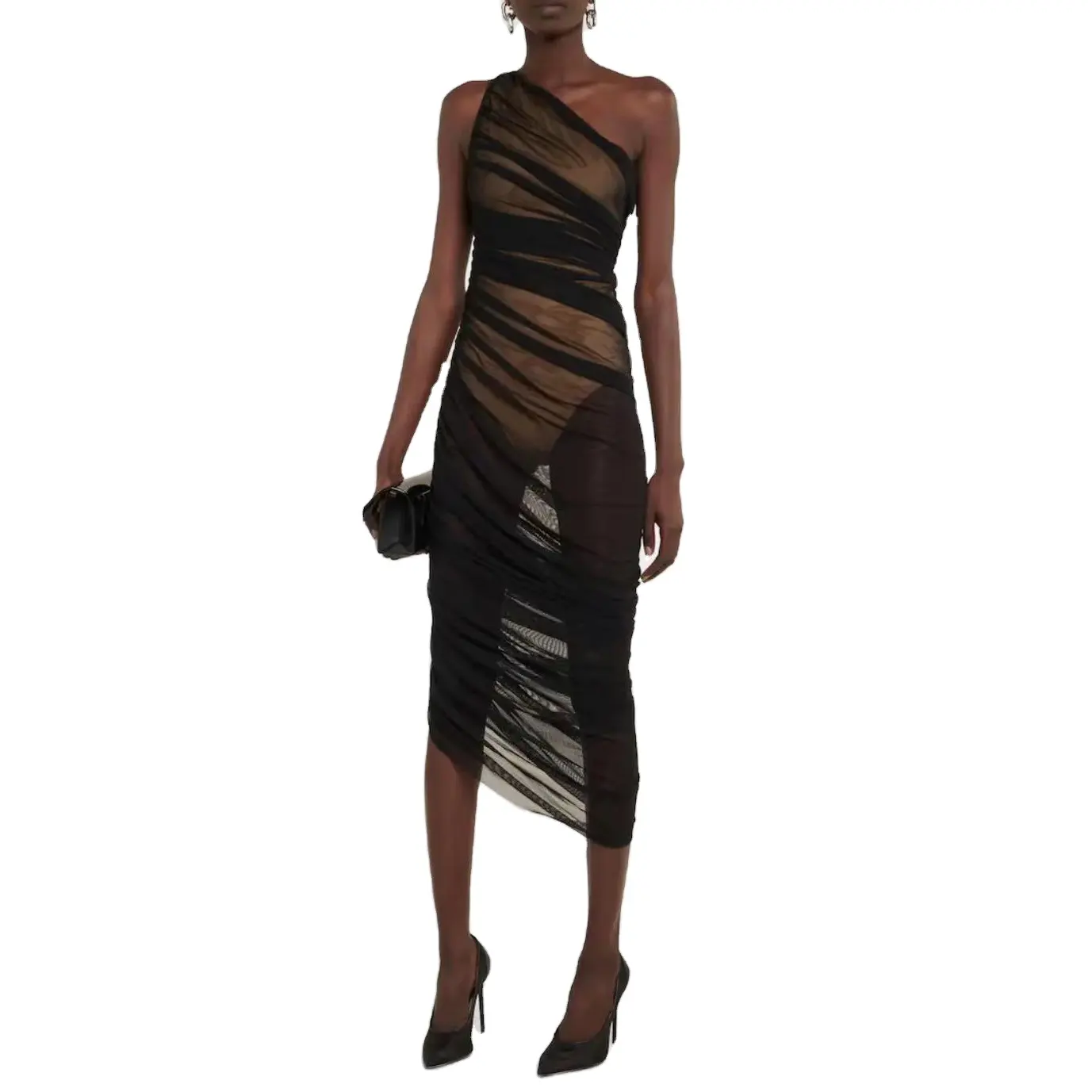 Summer American Clothing Sexy Party Club One Shoulder Mesh Ruched Black Tulle Semi Sheer Bodysuits Evening Midi Dress