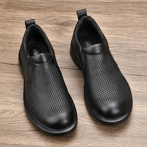 Mocassins en cuir véritable noir à bout rond, à enfiler, semelle en caoutchouc respirante, toutes saisons, chaussures pour hommes - Product Image 1