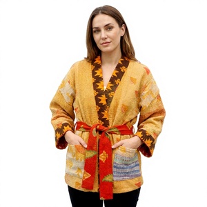 Chaqueta Kimono Acolchada de Algodón con Parches para Mujer, Cuello en V, Manga Corta, Ecológica, Transpirable, Diseño Vintage, con Cinturón y Bolsillos - Product Image 1