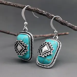 Boucles d'oreilles bohèmes Vintage aztèques du sud-ouest géométriques turquoises