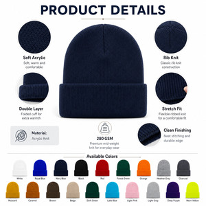 Custom Logo Knitted <b>Beanie</b> <b>Hat</b> 26 Colors Soft Acrylic Winter Warm Skull Cap Wholesale Promotional Blank Cuffed <b>Beanie</b> Navy - Product Image 4