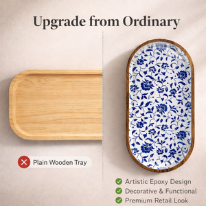 Vassoio da portata ovale in legno di acacia certificato FSC 2026, stoviglie per la casa, piatti floreali blu per caffè e dessert, nuovi accessori da <span class=keywords><strong>cucina</strong></span> - Product Image 2