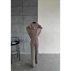 Sporty and Casual Hooded <b>Knit</b> <b>Set</b> 1509 Printed Striped Pattern Loose Fit Ankle-Length for Summer Autumn Winter - Product Image 2