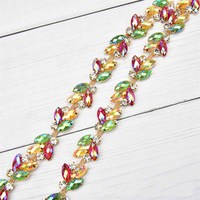 JFRC081 Accessoires de Vêtements de Mode 2cm de Largeur Opale Strass Applique Métal Ruban Strass Cristal Feuille Chaîne Garniture