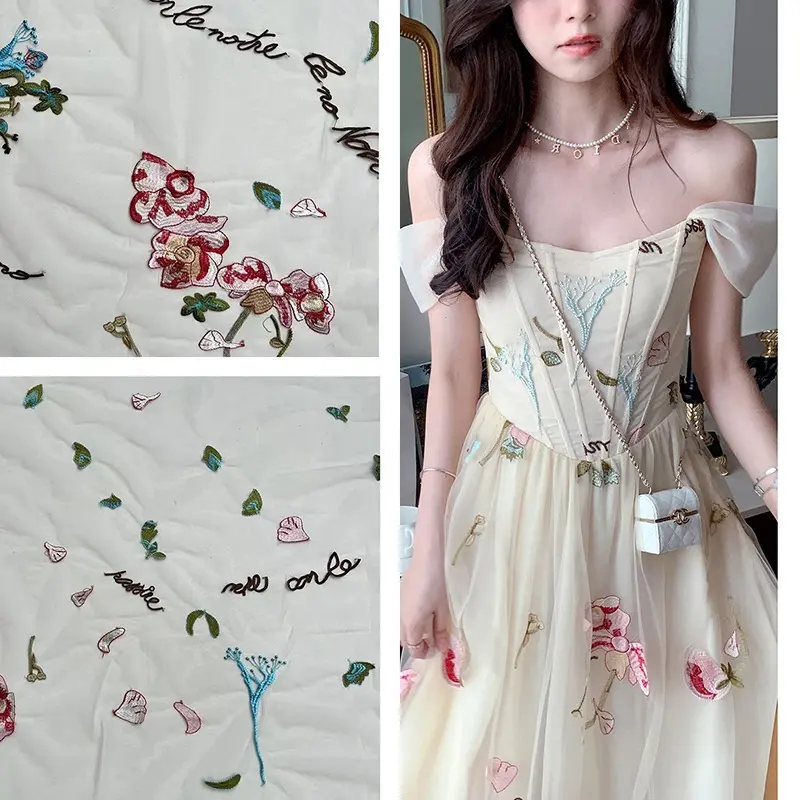 China Style Custom Embroidered Flower Tulle Fabric Lace Embroidery Woman Dress Fabric