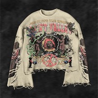 T-shirt thermique à manches longues personnalisé avec logo graphique géant, impression DTG, ourlet gaufré vieilli, délavage vieilli vintage et déchiré