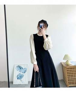 Otoño francés nuevo diseño Retro mujer manga larga vestido sólido Delgado falsificar dos piezas moda señora Stand Collar A-line vestido - Product Image 5