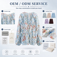 Chemisier Femme Style Doux Imprimé Floral en Mousseline de Soie avec Volants, Boutons, Col Rond, Manches Raglan, Anti-Boulochage, Printemps Automne, ODM