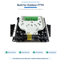Boîtier de distribution de fibre optique étanche IP68, boîtier terminal FTTH mural 24 cœurs, 8 adaptateurs SC, 2x répartiteur PLC, plateau de raccordement