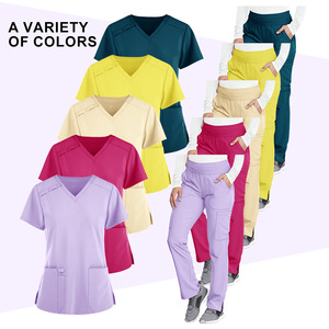 Women's Medical Scrub Set Short Sleeve V Neck Top And Pants Moisture Wicking Hospital Uniforms Rose Red Apricot Yellow Deep - Product Image 1