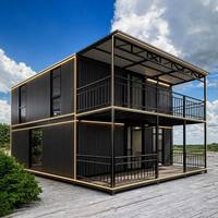 Maison conteneur à deux étages, duplex modulaire, en métal ondulé noir, avec éclairage LED, balcon, villa extérieure, vente en gros OEM