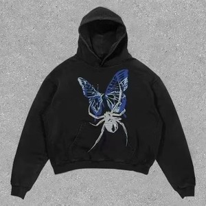 Felpa con Cappuccio con Grafica Punk di Ragno e Farfalla, Pullover Oversize Nero Effetto Lavato Retrò Unisex, Felpa Streetwear Grunge - Product Image 2
