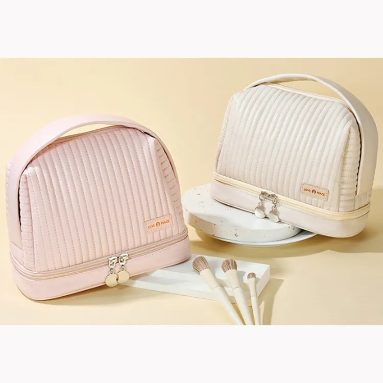 Sac de voyage rose à fermeture éclair en cuir en gros pour lavage et rangement sacs à cosmétiques étuis trousse de maquillage mignon PU personnalisé