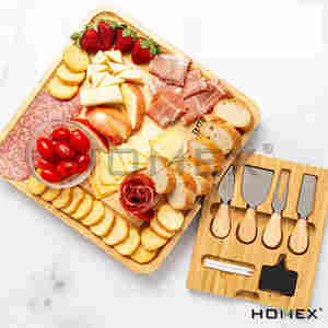 Homex | Pronto per la spedizione rettangolare quadrato Premium a buon mercato piccolo tagliere di carne salumi di bambù con coltelli - Product Image 3