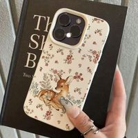 Coque de téléphone portable antichoc en cuir texturé motif cerf floral mignon pour iPhone 16 15 17 18 Pro Max