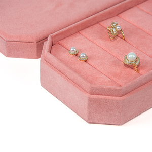 Boîte à bijoux FORTE en velours rose octogonale, plateau de présentation de bagues multicolores avec logo personnalisé, boîte à bijoux avec couvercle - Product Image 3