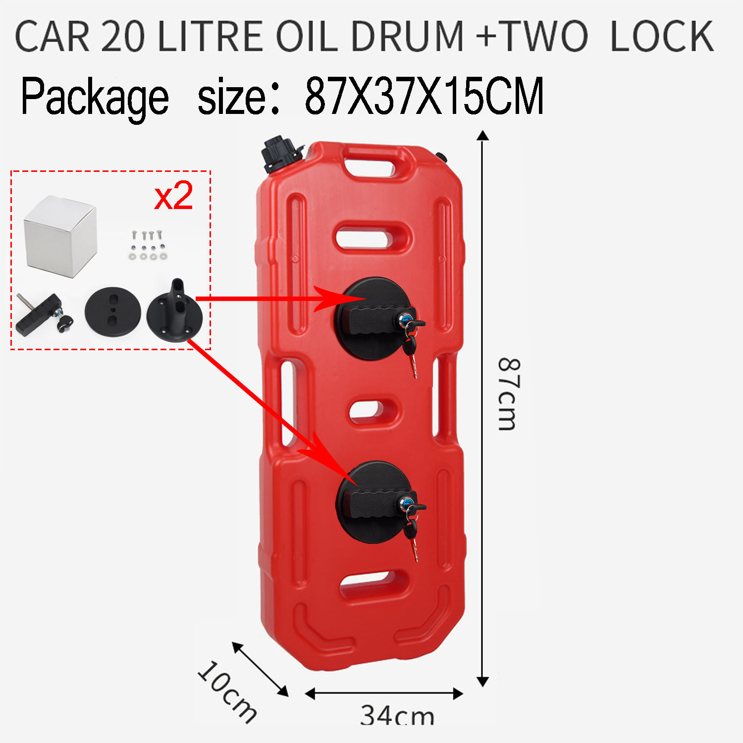 Bidon d'huile rouge 20 litres pour voiture, 2 fermetures.