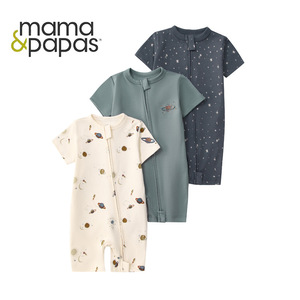 Mamasbabas Bộ đồ liền thân ba mảnh mùa hè dành cho trẻ em Unisex Bộ đồ liền thân 100% cotton tay ngắn Dây kéo hai đầu Tối giản - Product Image 2