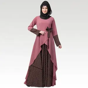 Autunno collo alto abbigliamento donna maxi abiti musulmano punteggiato asimmetrico puce rosa raccoglie abito abaya manica lunga