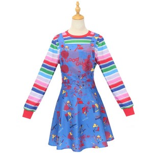 Anime Chucky Cosplay Horror Killer Halloween Costume Blue Cartoon Jumpsuit Overalls with Striped Shirt Party Clown <strong>Outfit</strong> - Product Image 3