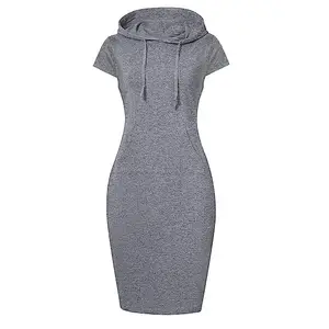 2023 Super Soft Women's Hoodie Dress 95% Cotton 5% Spandex Lady Pullover Hoody Dress Casual Fitted Knee Length Dress with Pocket