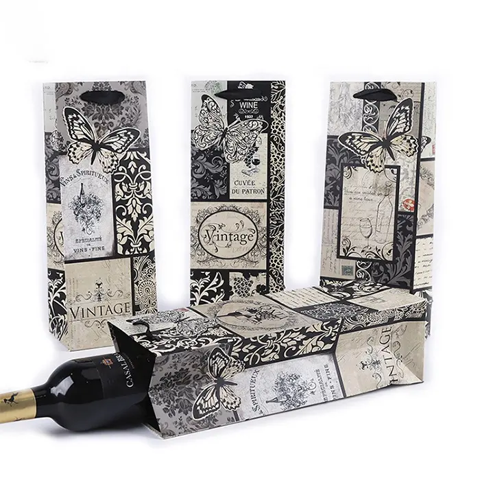 Embalagem de garrafa de vinho personalizada, embalagem elegante preta de tamanho padrão para carregar garrafa de vinho de luxo com alça e logotipo