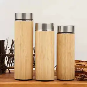Custom Bamboo Lid 12/15/17oz Double Wall Stainless Steel 304 Coffee Mug Cup Vacuum Thermos Bamboo Water Bottle With Handle