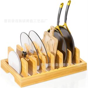 Wooden Kitchenware Storage Rack 15.3in x 8in x 4.7in With Dividers Non Slip Pots <b>Pans</b> Organizer For Countertop - Product Image 5