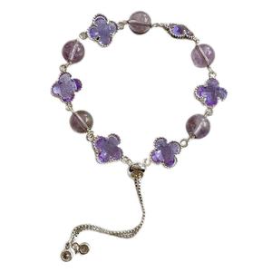 Bracelet en alliage trèfle à quatre feuilles en cristal naturel, améthyste jaune et blanche, bijou porte-bonheur polyvalent, style Ins pour femme, longueur standard - Product Image 2